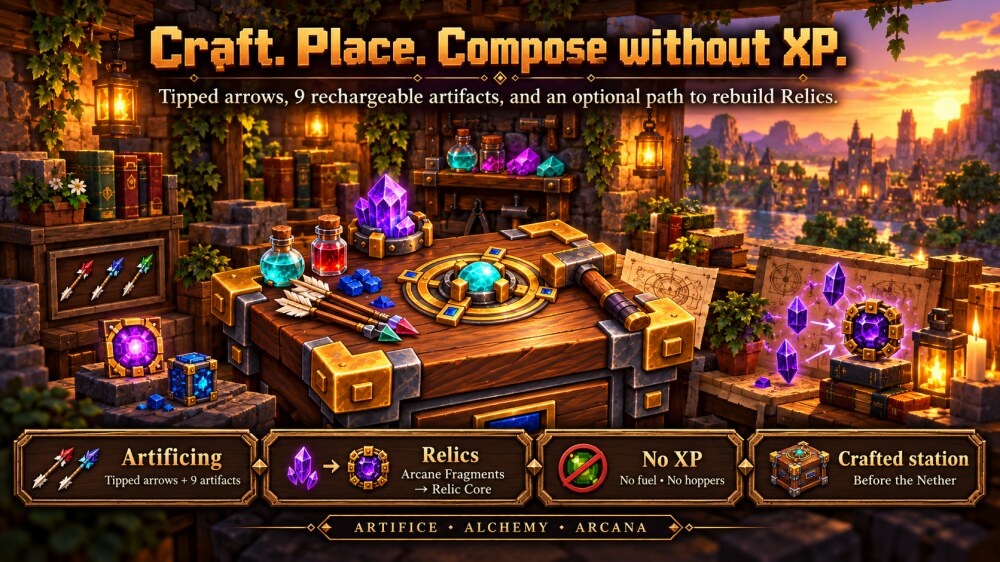Un Banco del Artífice en un taller al atardecer, con flechas con efecto, pociones, amatista y un Relic Core, etiquetado Artificing, Relics, No XP y Estación crafteada.
