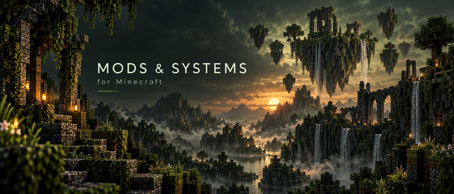 Mods e sistemas para Minecraft — ruínas flutuantes cobertas de vegetação ao pôr do sol.