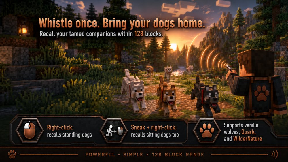 Un jugador usa un silbato con acento de cobre al atardecer mientras tres perros domesticados vuelven corriendo por un bosque de Minecraft.