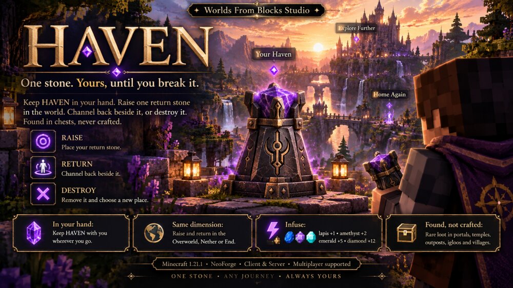 A dark amethyst waystone stands in ruined stone. HAVEN stays in the player’s hand.