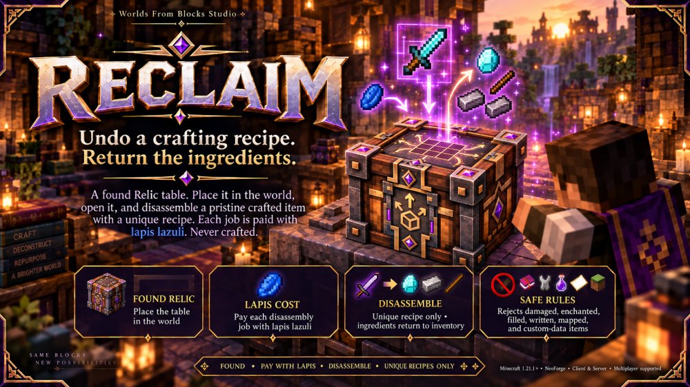 La mesa Reliquia RECLAIM se alza en un taller en ruinas, lista para devolver un objeto crafteado a sus piezas.