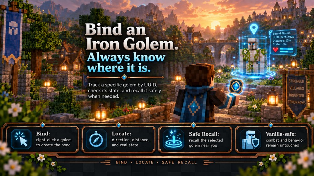 Un jugador sostiene el Sigilo del Custodio hacia un Golem de hierro vinculado en una aldea al atardecer, con una superposición holográfica de estado.